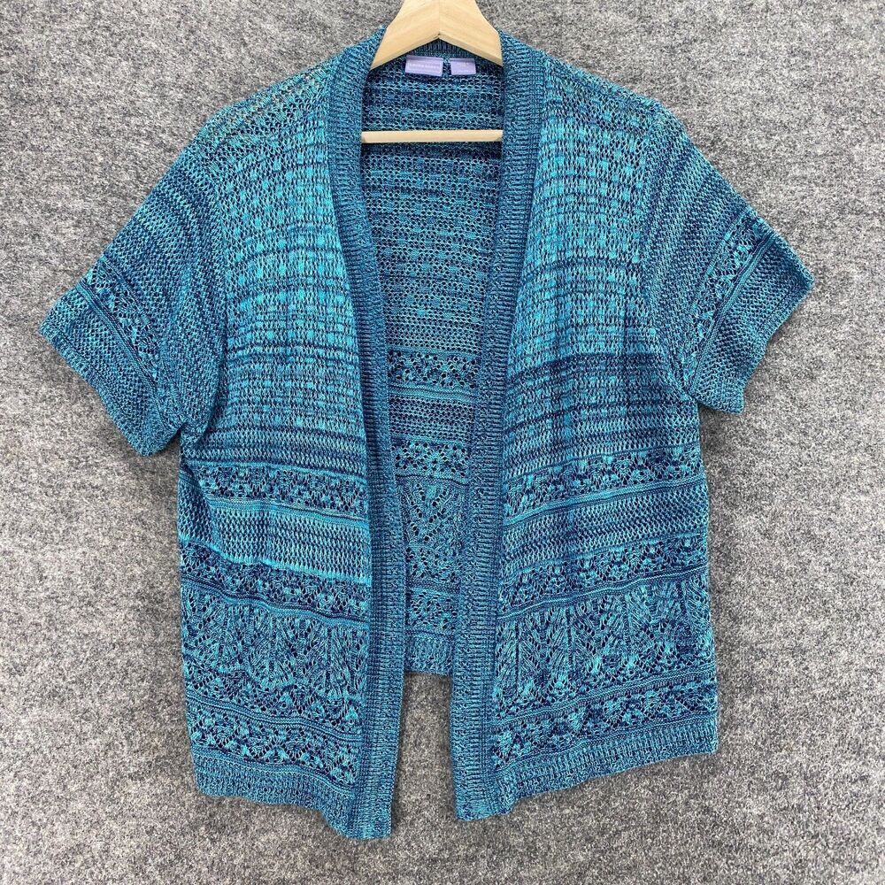 Laura Scott Cardigan Women XL Bue Striped Open Front Short Sleeve Knit Acrylic